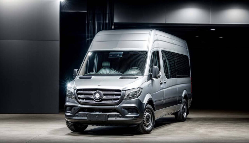 Front view of a Mercedes Sprinter Van showcasing its sleek design and robust build.